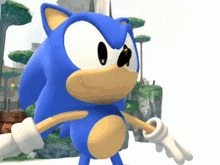 a close up of a sonic the hedgehog 's face with trees in the background