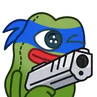 a cartoon frog with a blue bandana on its head holds a gun