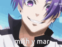 a close up of a person with purple hair and the words mich y mar below them