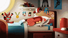 a cartoon drawing of a person laying in bed