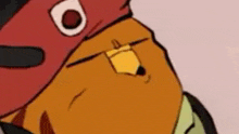 a close up of a cartoon character wearing a red hat and a pencil in his mouth .