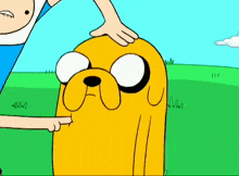 a cartoon character pointing at another character 's face with a field in the background