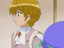 a boy with blonde hair is wearing a white tie and a purple hat
