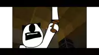 a cartoon character is behind a wooden door with a window