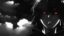 a black and white drawing of a person with red eyes and a cloudy sky in the background .