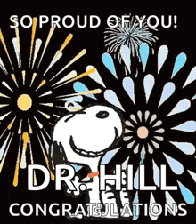 a congratulations card with snoopy and fireworks