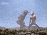 a cartoon character from ultraman is fighting another cartoon character