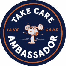 take care ambassador badge snoopy peanuts weightlifting working out