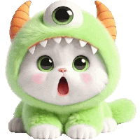 a white cat is wearing a green monster costume with horns and one eye .