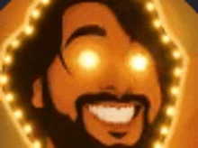 a close up of a man 's face with glowing eyes and a beard .