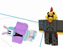 a cartoon character in a chicken costume stands next to a cartoon character in a bunny costume