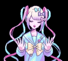 a pixel art drawing of a girl with pigtails and a bow in her hair