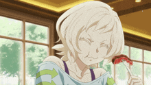 a girl with white hair is eating a piece of meat
