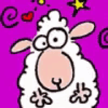 a cartoon sheep is standing in front of a purple background with stars and hearts .