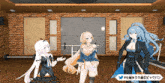 three anime characters are standing in front of a brick wall with a twitter logo in the corner