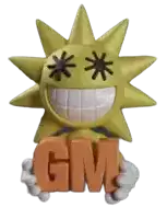 a yellow sun holding the word gm in his hands