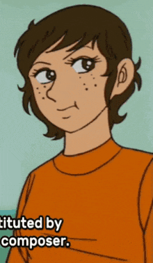 a cartoon girl with brown hair and freckles is titled by the composer