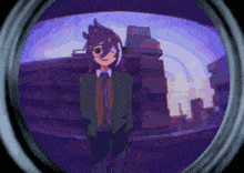a cartoon of a man in a suit and tie standing in front of a building