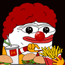 a cartoon of a mcdonald 's clown holding a drink and french fries