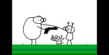 a cartoon of a man pointing a gun at another man