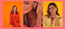 a woman in a red suit is wearing a necklace and earrings .