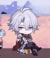a chibi boy with white hair and blue eyes is sitting on a stool in a video game .