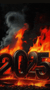 the numbers 2025 are on fire with smoke coming out of them