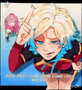 a cartoon of a girl with blonde hair and blue eyes giving a middle finger .