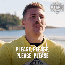 a man wearing a yellow shirt that says canada 's ultimate challenge on it