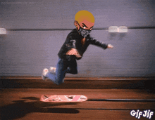 a gif of a person riding a skateboard with the words gif jif below them