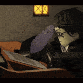 a cartoon character is sitting at a desk with papers and a pen in his hand