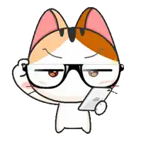a cartoon cat wearing glasses is holding a tablet