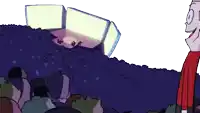 a cartoon character stands in front of a crowd watching a concert
