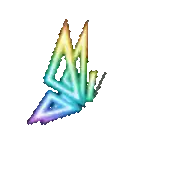 a rainbow colored butterfly flying on a white background