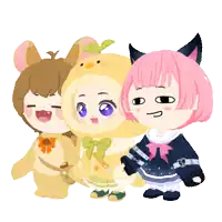 three cartoon characters are standing next to each other with one wearing a chicken costume