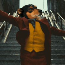 a dog wearing a red jacket and a yellow vest is standing on a set of stairs