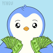 a penguin is holding a bunch of money and the word pengu is on the bottom right