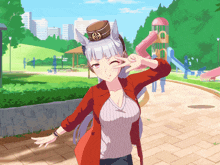 a girl in a red jacket is standing in a park