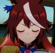 a close up of a girl with red hair and a white tail