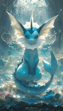 a painting of a blue and white pokemon with a tail