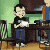 a cartoon character wearing a black shirt with the word jerk on it