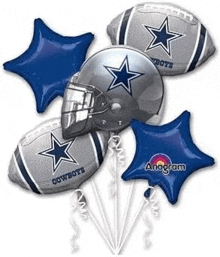 a bouquet of cowboys balloons with a helmet , footballs and stars .