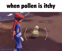 a cartoon of a man standing next to a turtle with the words when pollen is itchy above him
