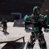 a robot with green arms is holding a rifle