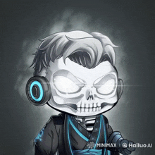 a cartoon drawing of a skeleton wearing headphones and a blue jacket