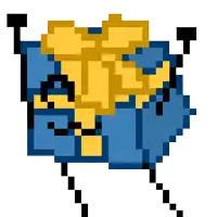 a pixel art drawing of a blue and yellow blanket with a yellow bow .