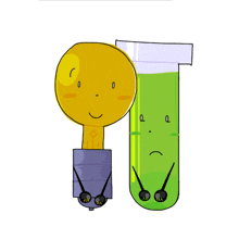 a drawing of a light bulb and a test tube with faces