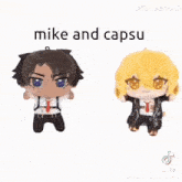 a couple of stuffed animals standing next to each other with the words `` mike and capsu '' written above them .