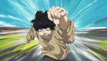 a cartoon character is running with his fist up