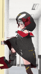 a girl in a black cape with a red bow on her head